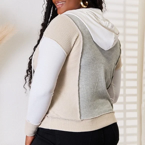 NEW**-Double Take Color Block Exposed Seam Drawstring Hoodie OFFERS WELCOME - Picture 2 of 9